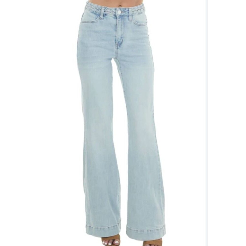 Judy Blue Womens High Rise Braided Waist Wide Leg Jeans Size 18W Light Wash